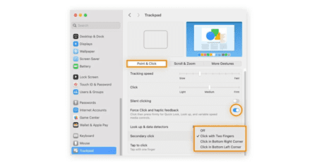 Scroll down and select Trackpad. In Point and click, track Secondary click, and pick click with Two Fingers.