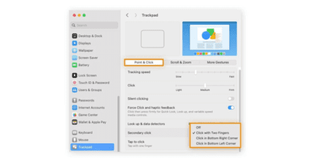 Scroll down and select Trackpad. In Point and click, track Secondary click, and pick click with Two Fingers.